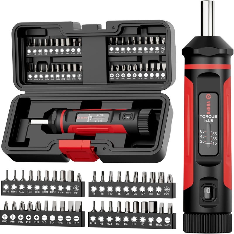 VANPO Torque Screwdriver, 15-65In-lb Torque Screw Driver Wrench Driver Set, 1/4'' Drive Inch Pounds Torque Wrench Screwdriver with 40 S2 Bits for Maintenance, Tools, DIY, Bike Repairing and Mounting - Image 1